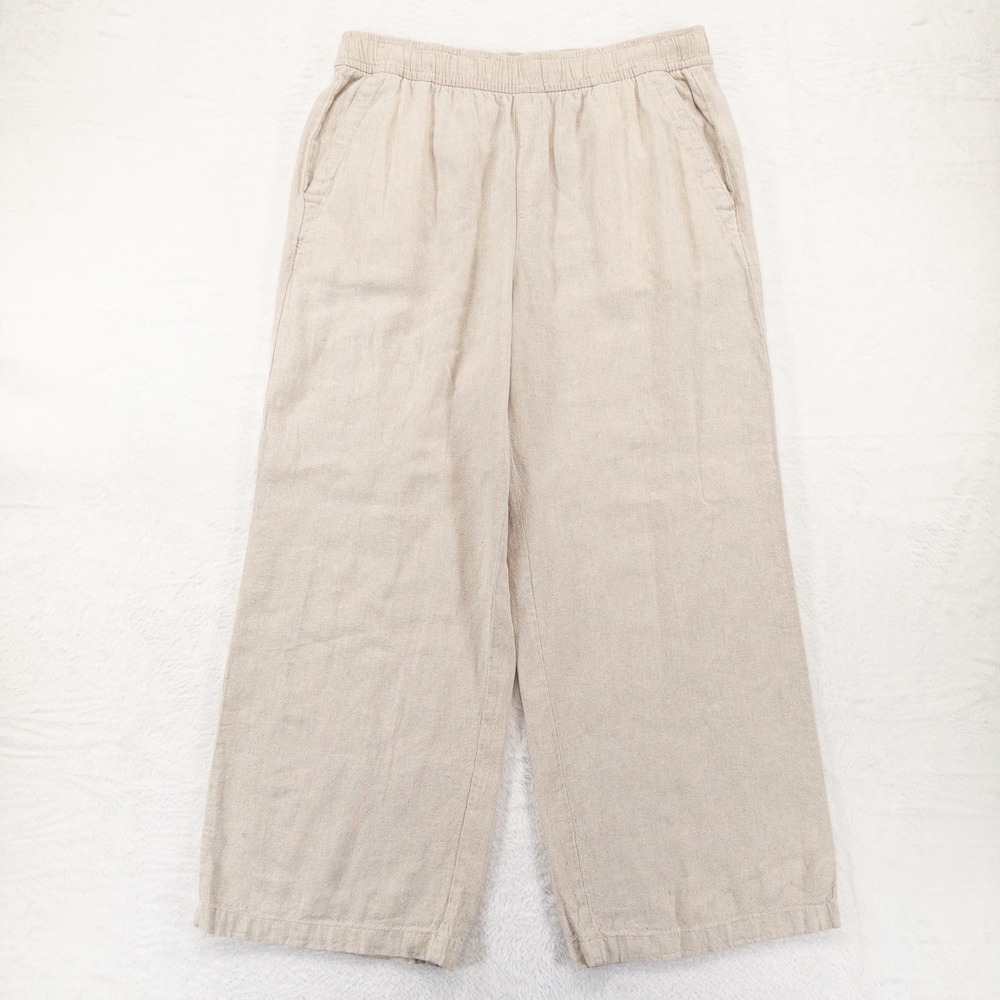 Old Navy High Rise Wide Leg Pants L Beige Linen Blend Elastic Waist Coastal Boho